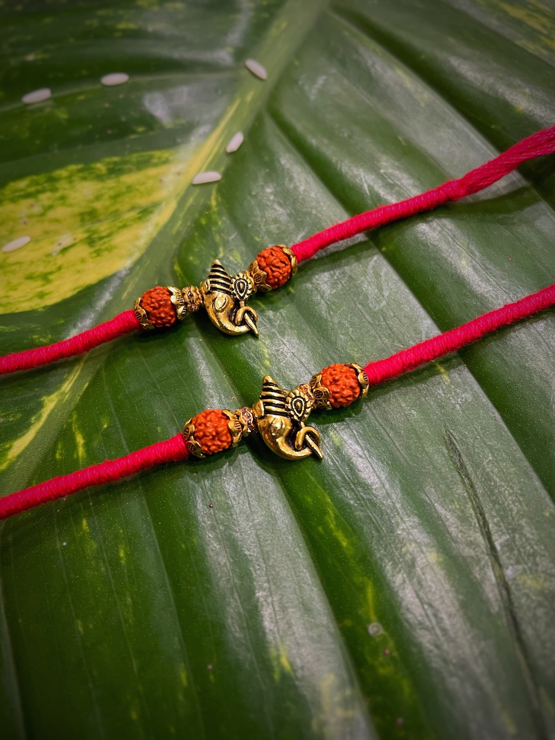 

Digital Dress Room Red & Gold Set of 2 Ganesh Pendant & Rudhraksha Mauli Rakhi