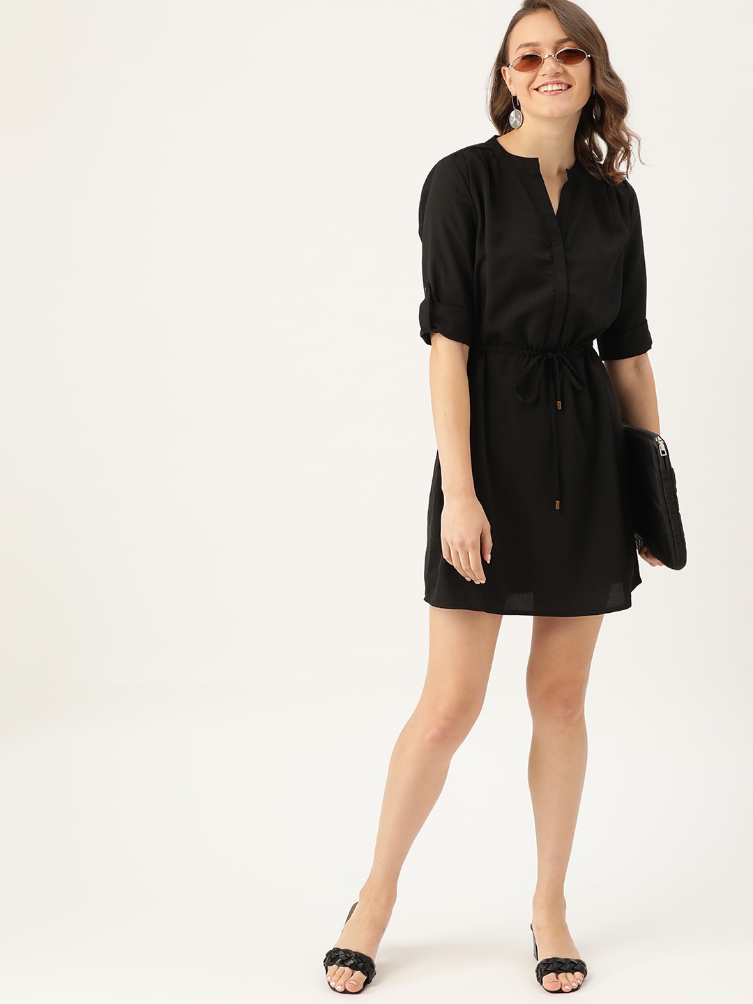 

DressBerry Black Solid Gathered Cinched Waist A-Line Dress