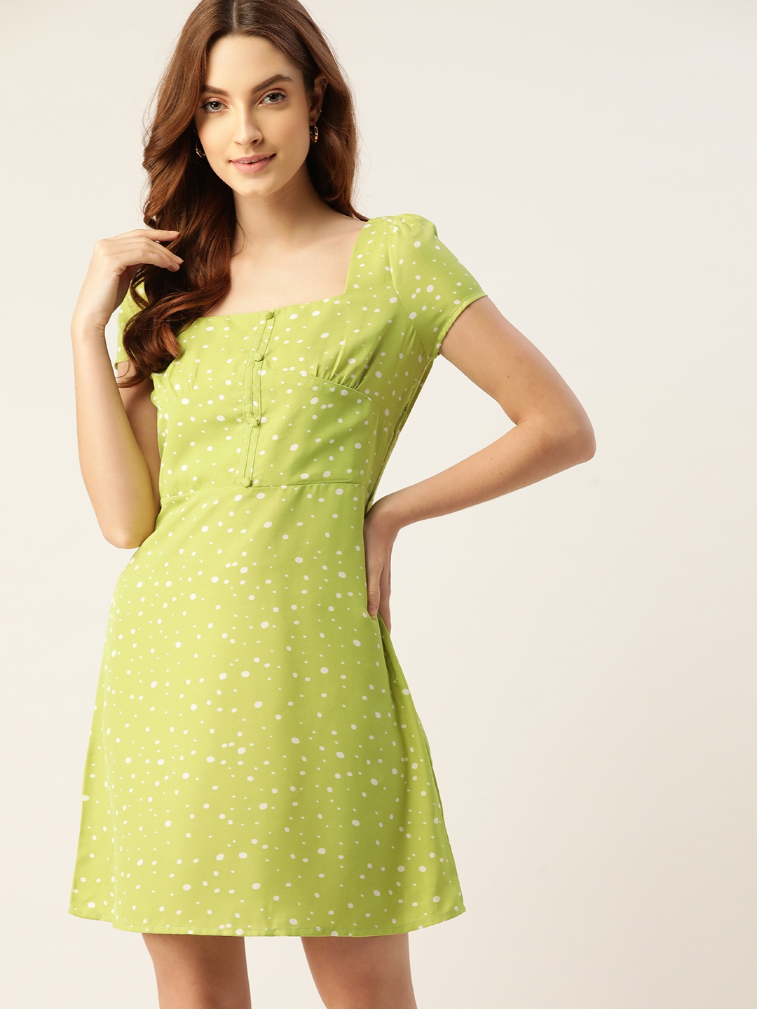 

DressBerry Fluorescent Green & White A-Line Polka Dot Dress