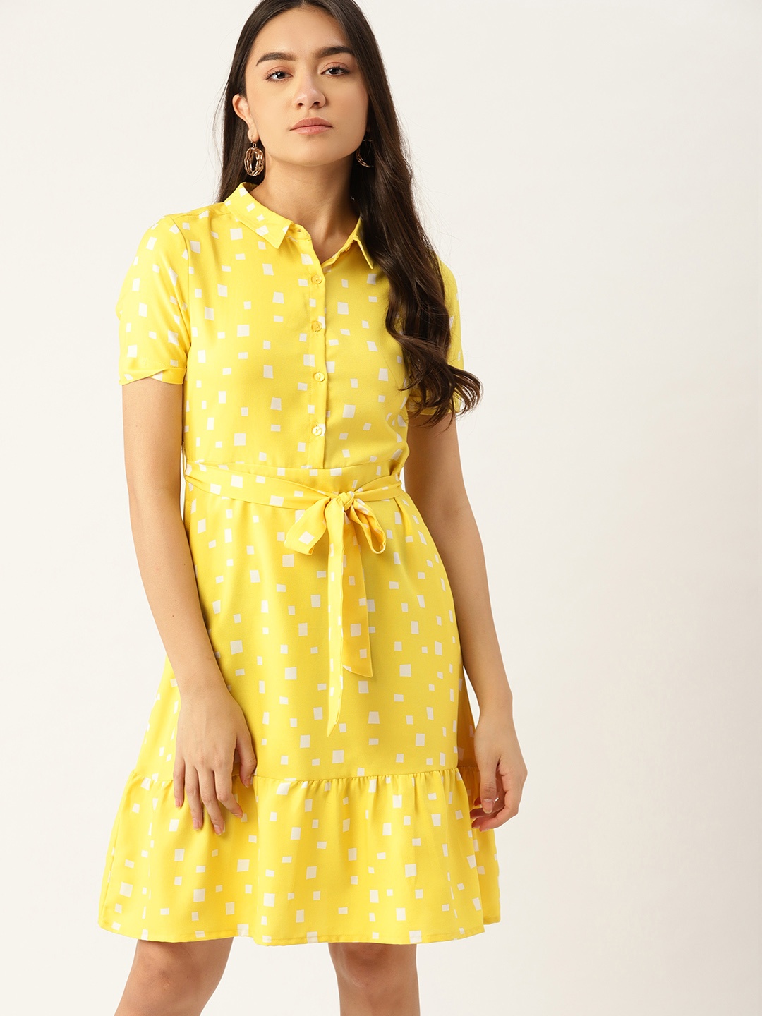 

DressBerry Yellow & White Geometric Print Fit & Flare Dress with Belt