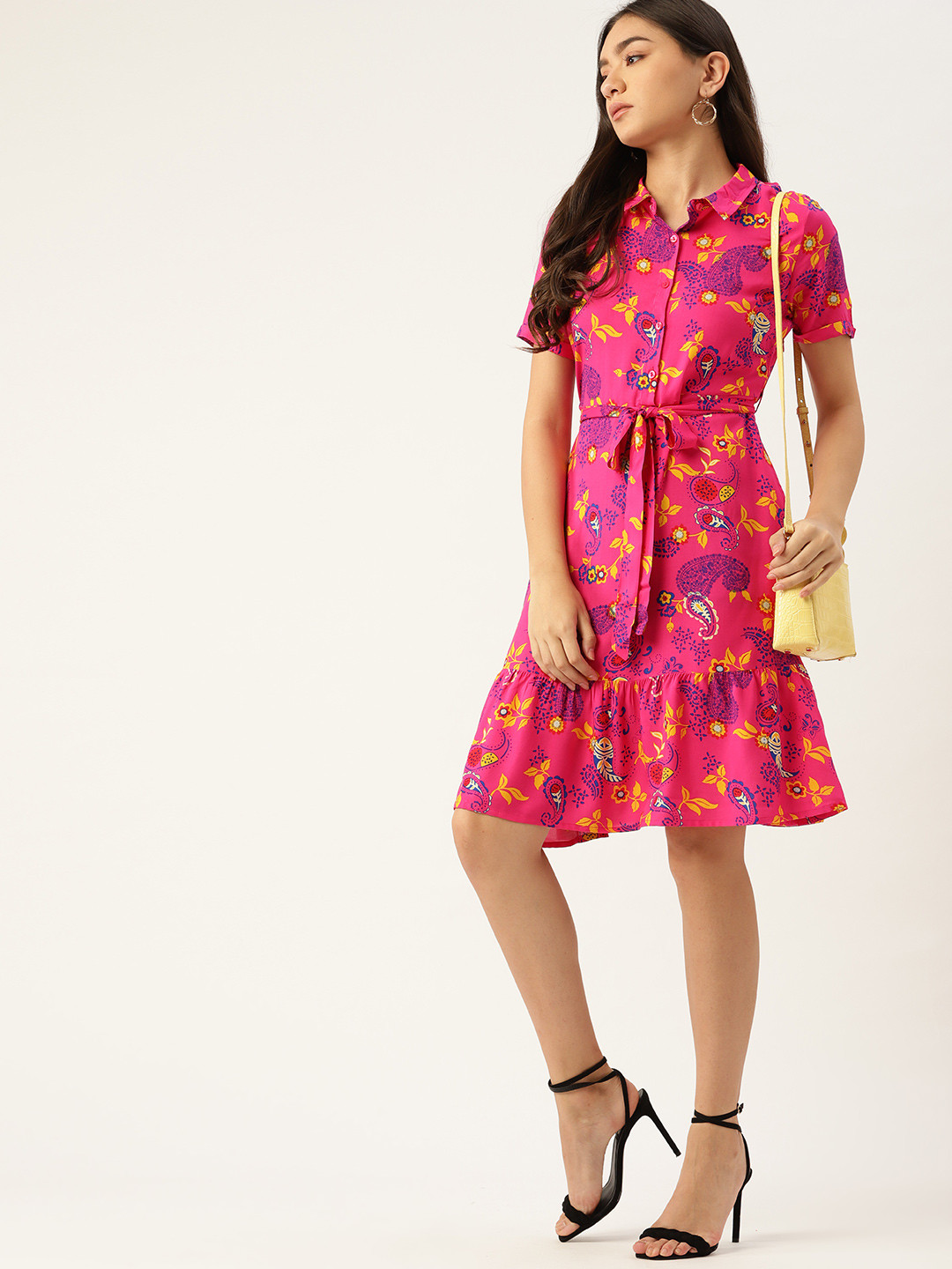 

DressBerry Women Pink & Yellow Floral Print Belted A-Line Dress