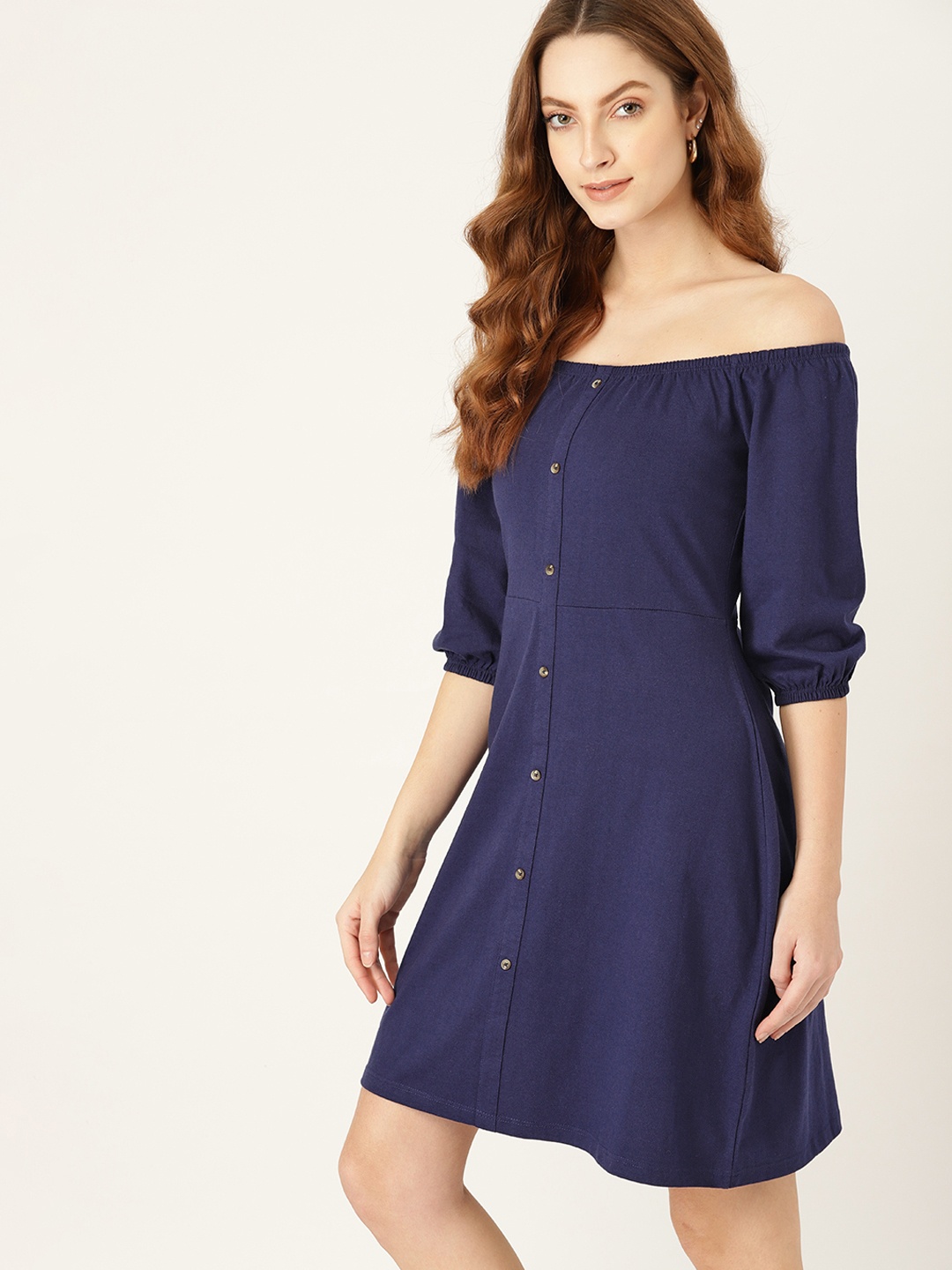 

DressBerry Navy Blue Off-Shoulder Sustainable & Recycled A-Line Dress