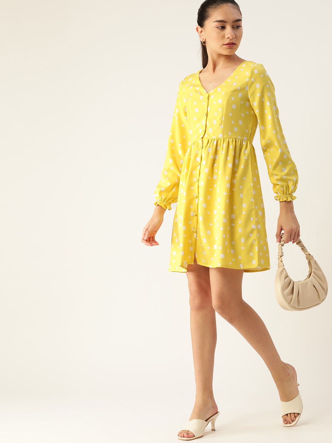 

DressBerry Yellow & White A-Line Geometric Print Dress