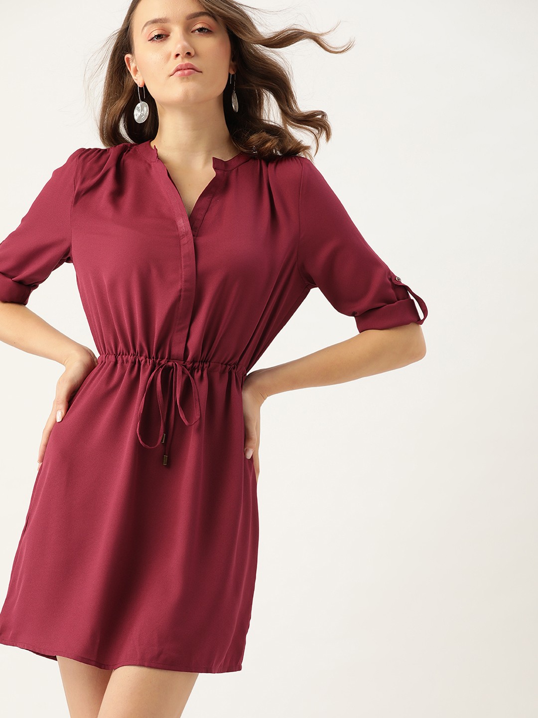 

DressBerry Burgundy Solid Gathered Cinched Waist A-Line Dress