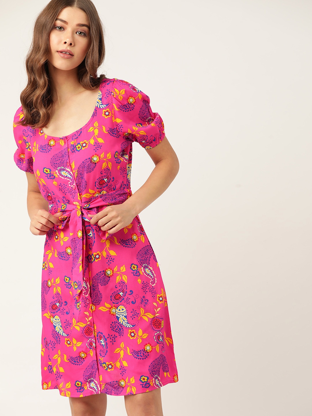 

DressBerry Women Pink & Navy Blue Ethnic Motifs A-Line Dress With a Belt