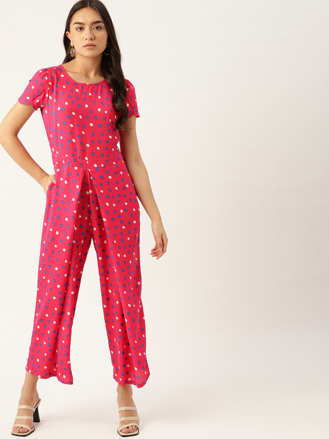 

DressBerry Women Pink & Blue Polka Dot Print Pleated Detail Basic Jumpsuit