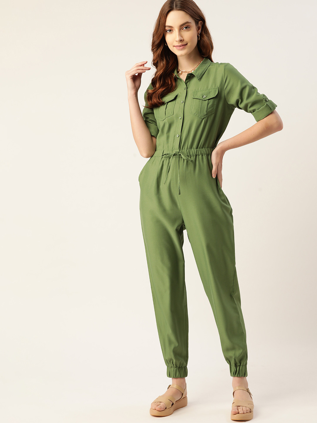 

DressBerry Olive Green Solid Basic Jumpsuit