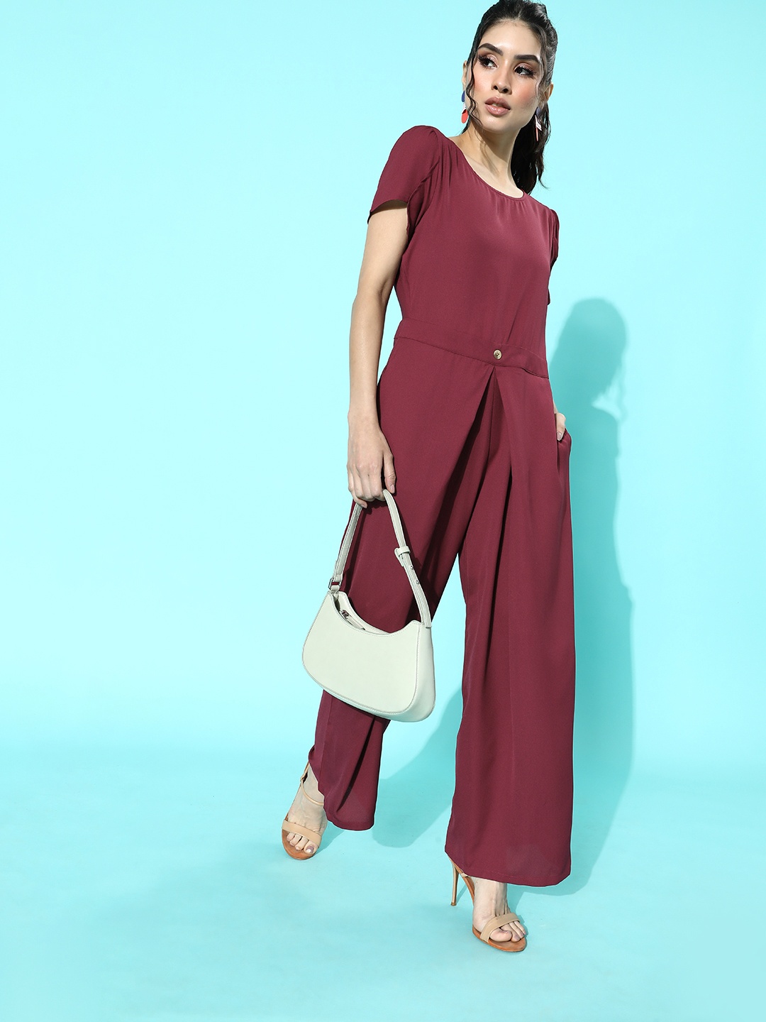 

DressBerry Women Charming Maroon Solid Petal Sleeves Jumpsuit