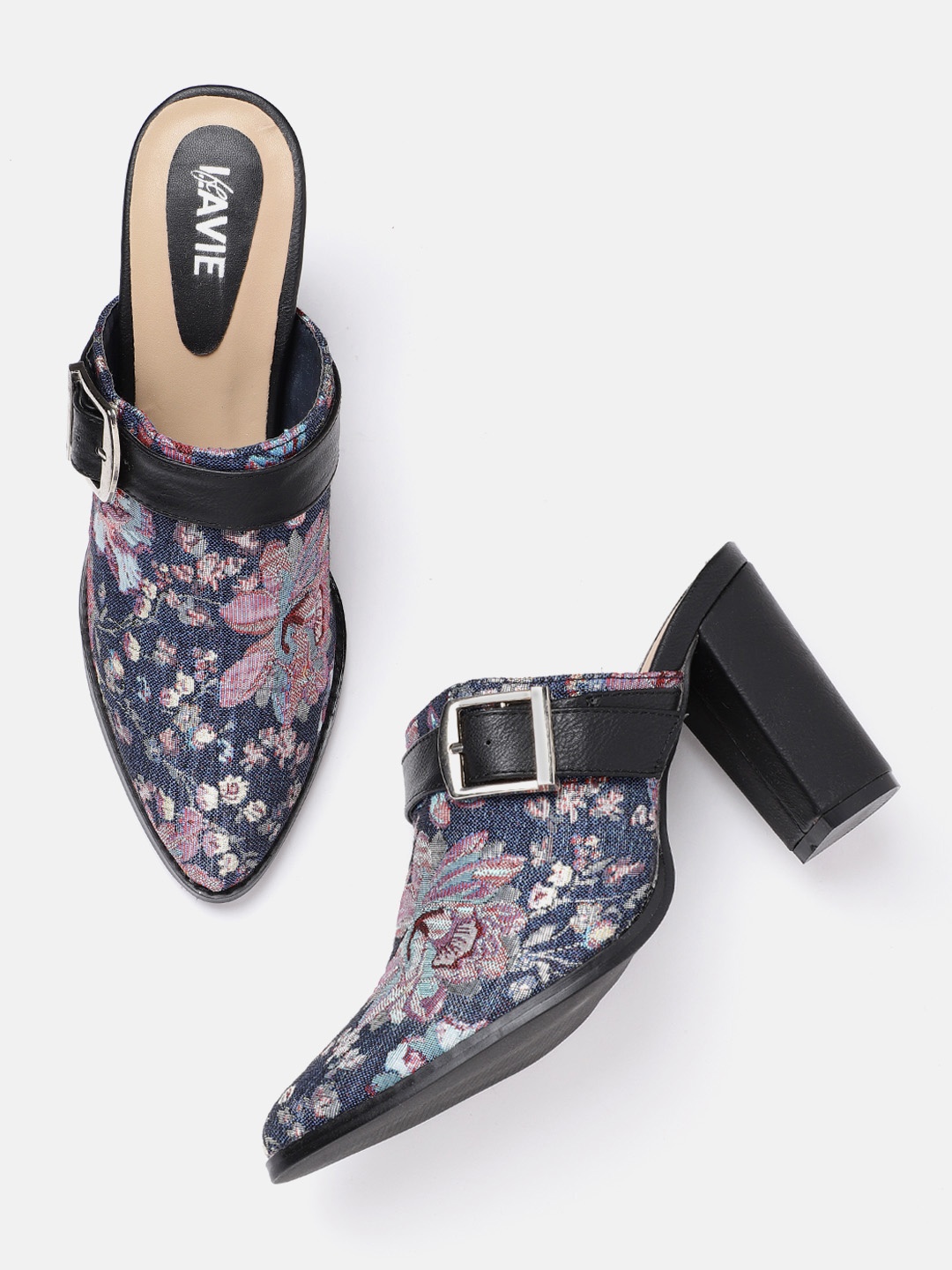 

Lavie Blue & Pink Floral Motifs Woven Design Block Heeled Mules with Buckles