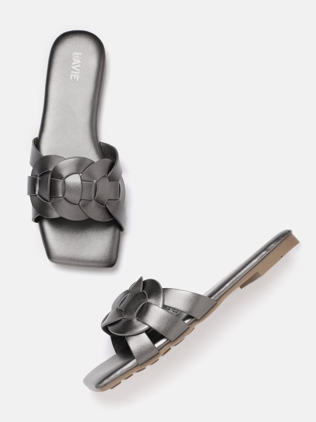 

Lavie Women Gunmetal-Toned Braided Open Toe Flats, Metallic