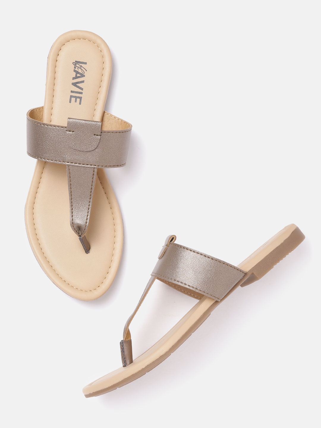 

Lavie Women Gunmetal-Toned Solid T-Strap Flats, Metallic