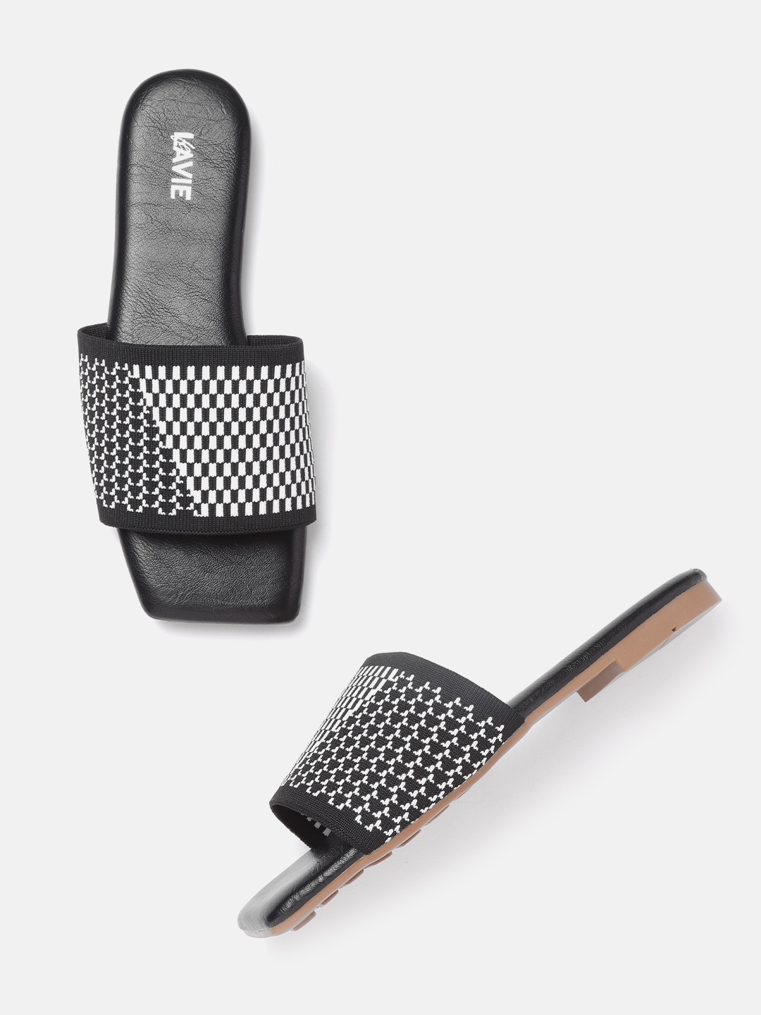 

Lavie Women Black & White Checked & Woven Design Open Toe Flats