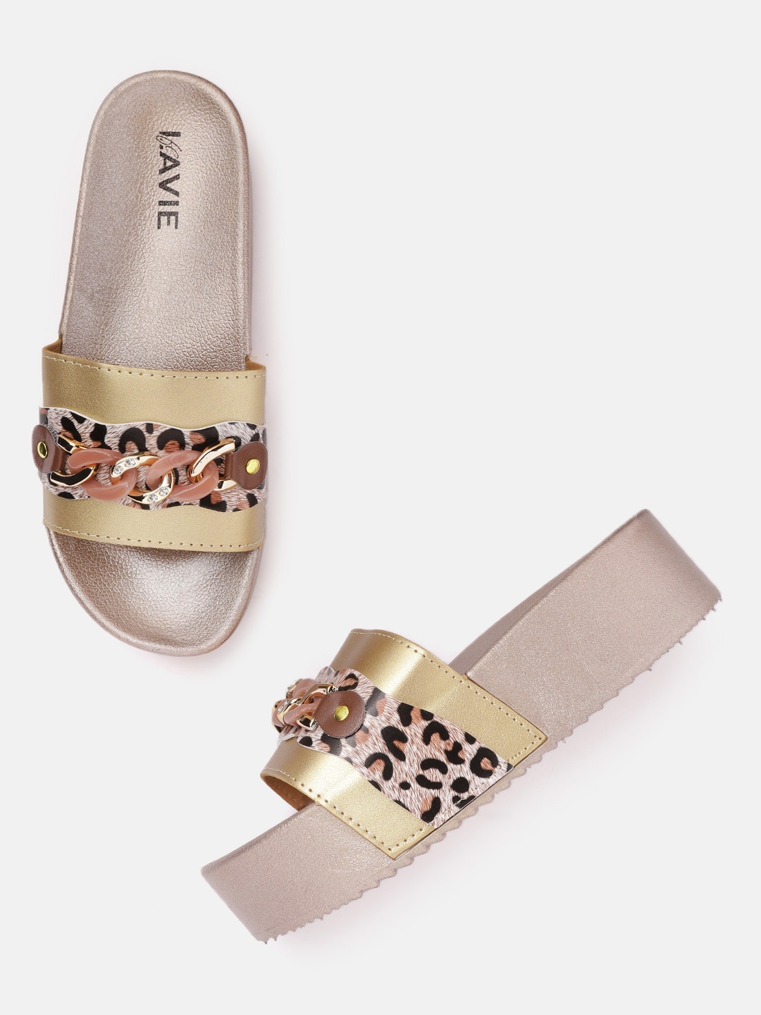

Lavie Women Gold-Toned & Black Leopard Print Flatform Heels with Link Chain Detail