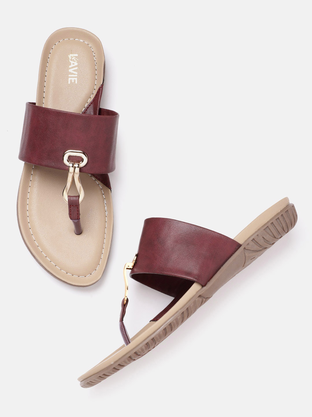 

Lavie Women Maroon & Gold-Toned Solid T-Strap Flats