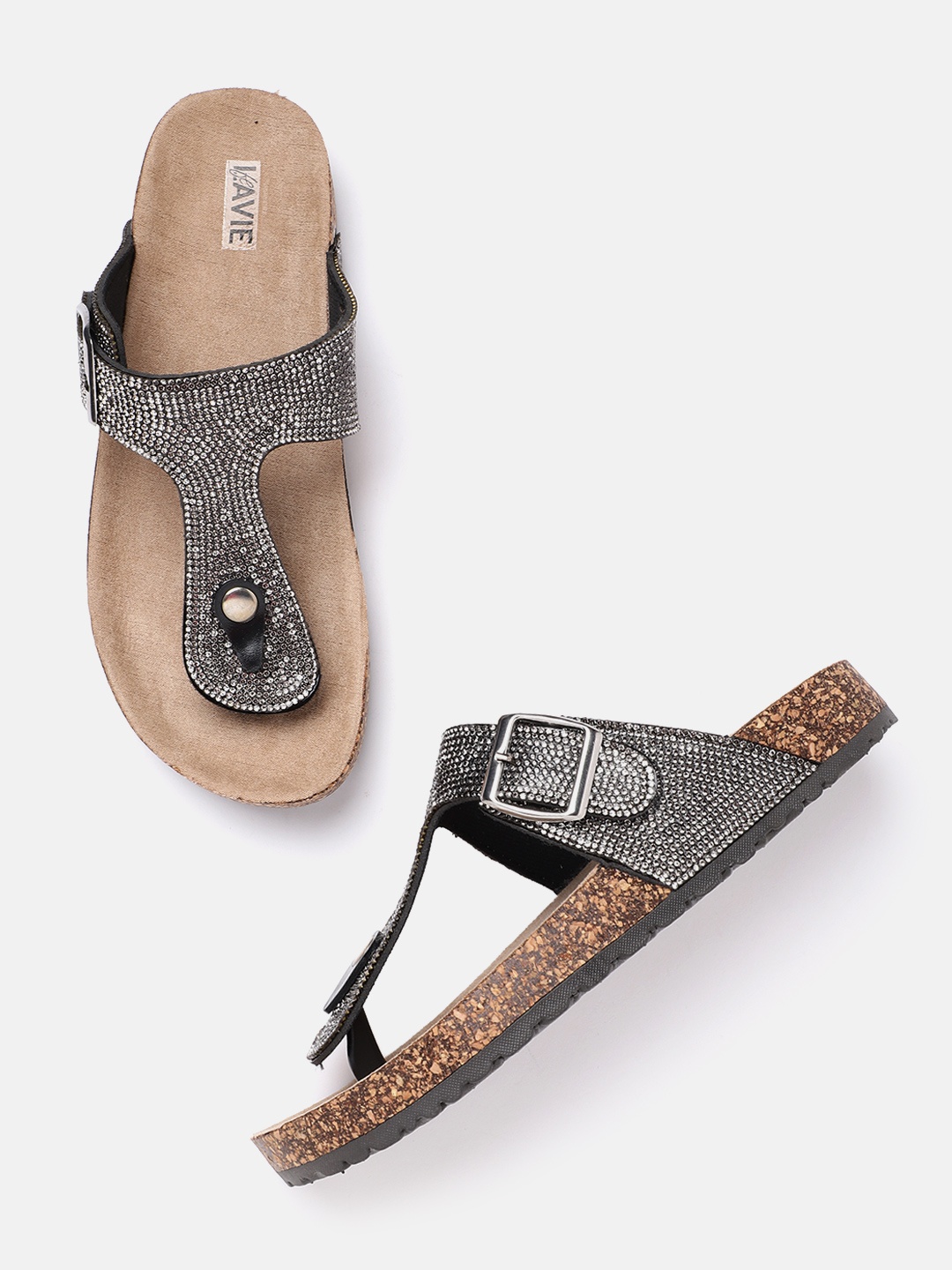 

Lavie Women Gunmetal-Toned Embellished T-Strap Flats with Buckle Detail, Metallic