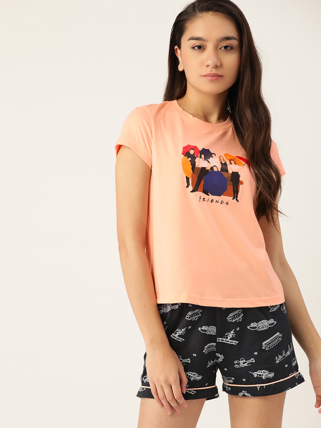 

FRIENDS by DressBerry Women Peach-Coloured & Blue Friends Printed Night suit