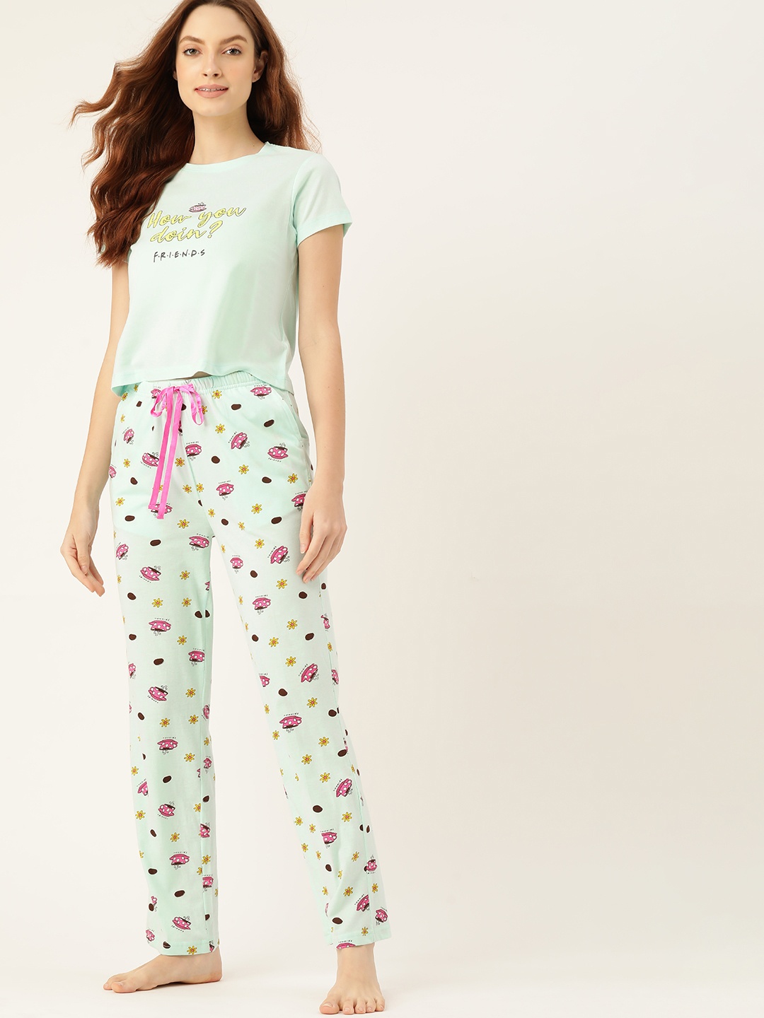 

FRIENDS by DressBerry Women Mint Green & Pink Printed Pyjama Set