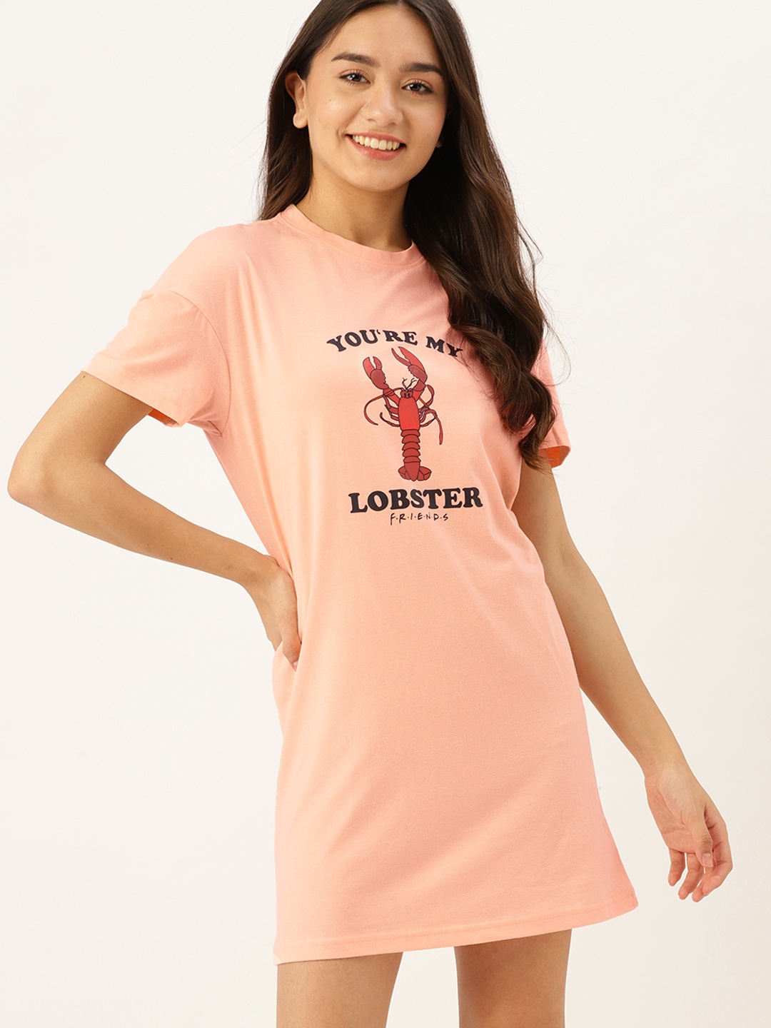 

FRIENDS by DressBerry Peach-Coloured Printed T-Shirt Nightdress