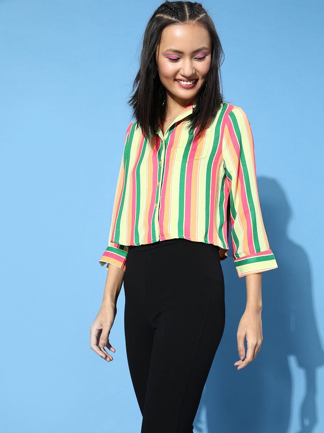 

DressBerry Women Gorgeous Green Candy Striped Cropped Shirt