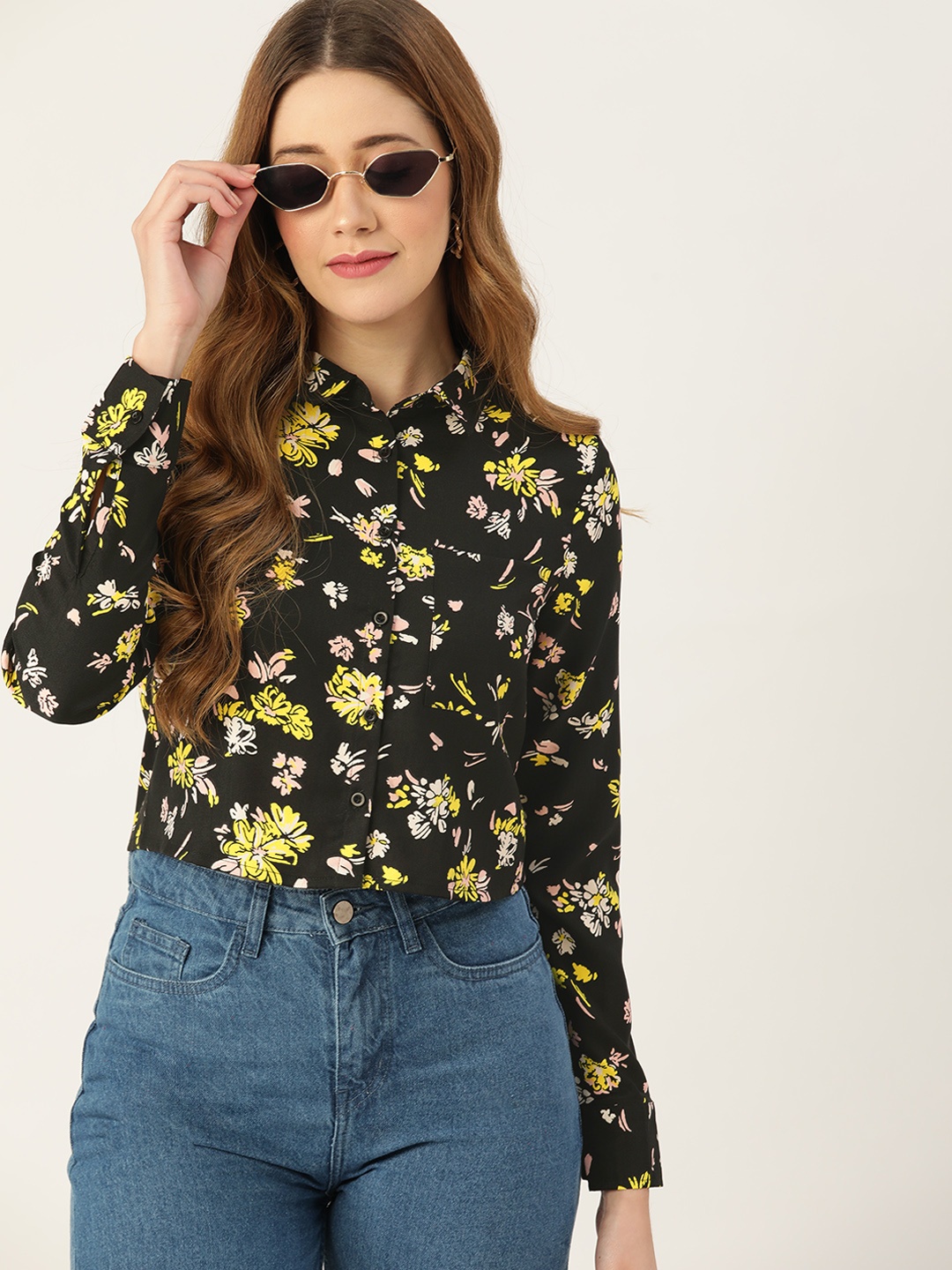 

DressBerry Women Black & Yellow Floral Print Cropped Casual Shirt