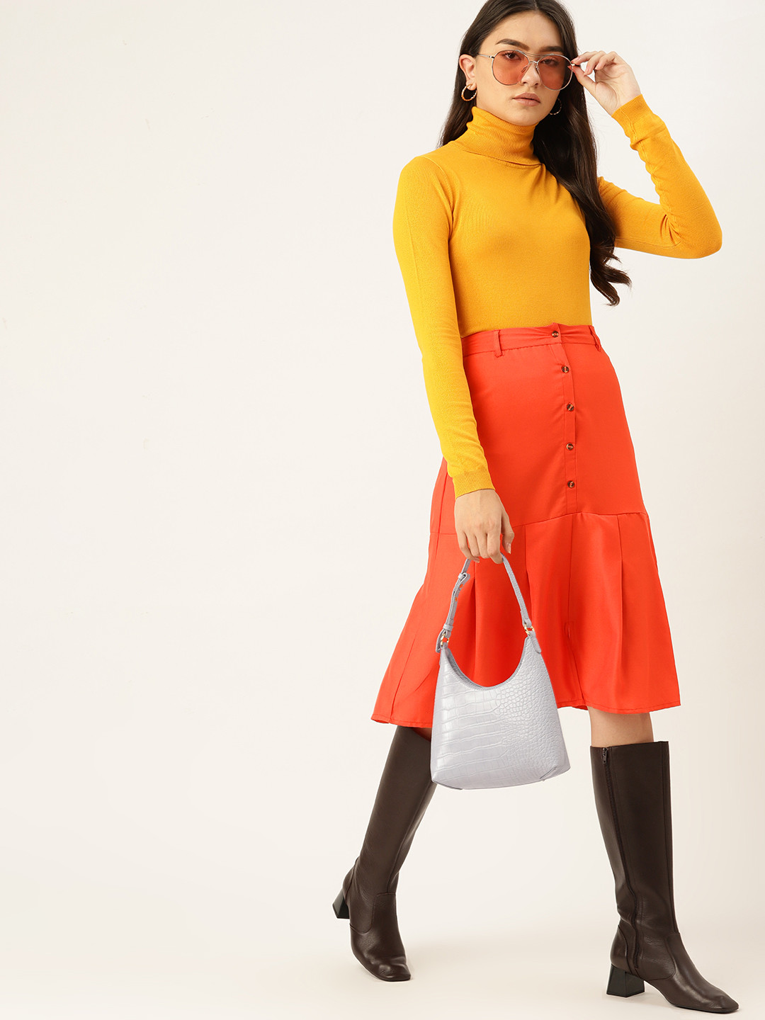 

DressBerry Women Coral Red Solid Midi A-Line Skirt