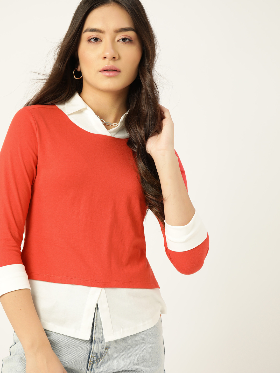

DressBerry Coral Red & White Solid Layered Top