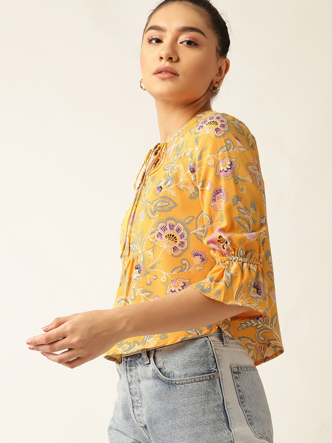 

DressBerry Yellow & Purple Floral Tie-Up Neck Regular Top