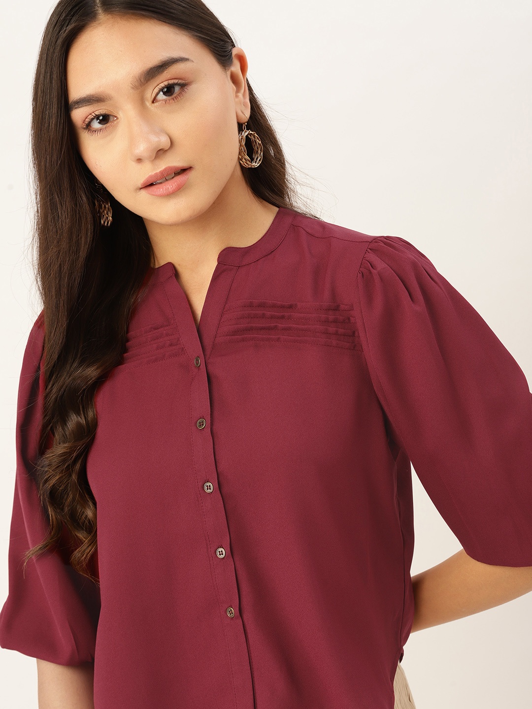 

DressBerry Maroon Solid Mandarin Collar Shirt Style Top