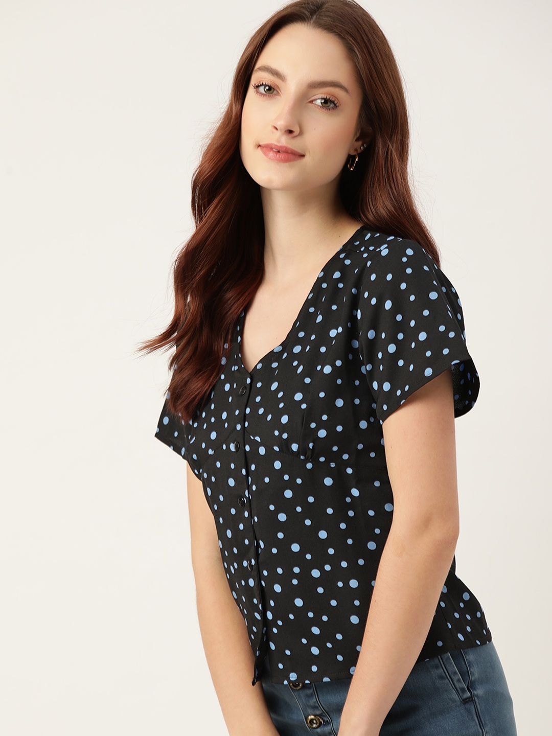 

DressBerry Black & Blue Geometric Polka Dot Printed Regular Top