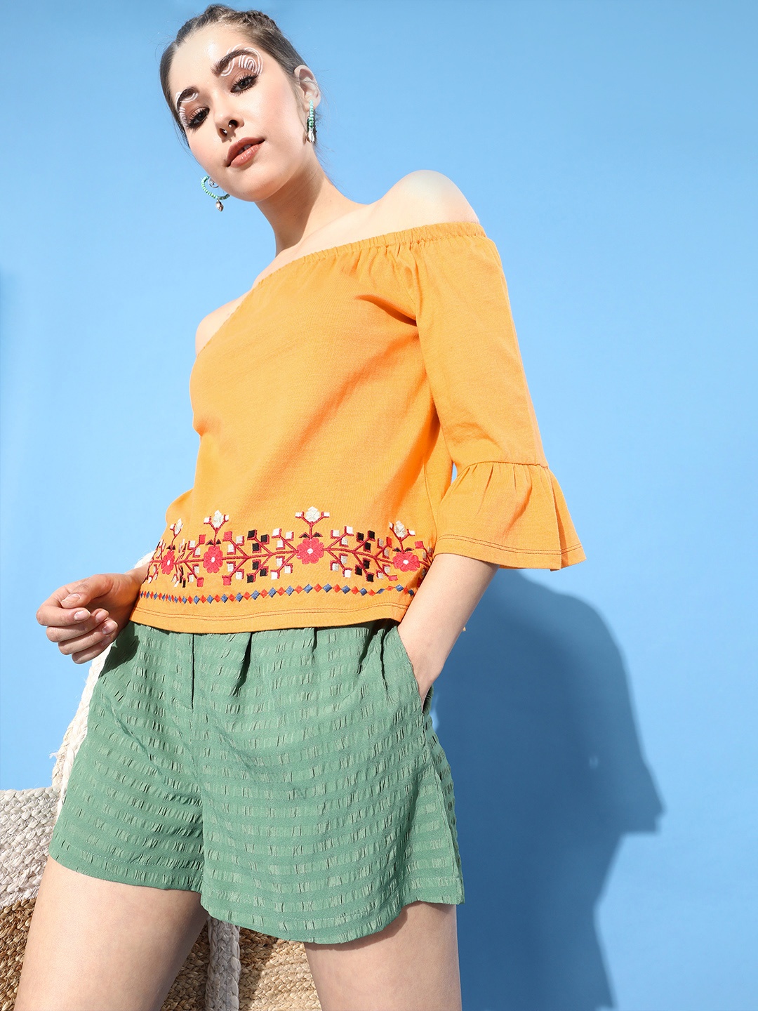 

DressBerry Women Stylish Mustard Floral Volume Play Top