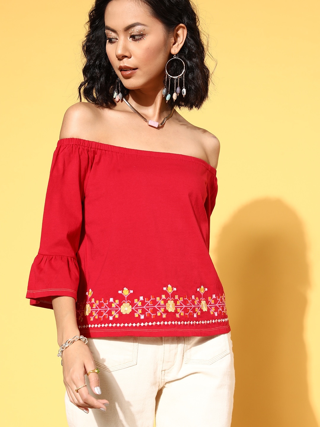 

DressBerry Red Embroidered Off-Shoulder Top