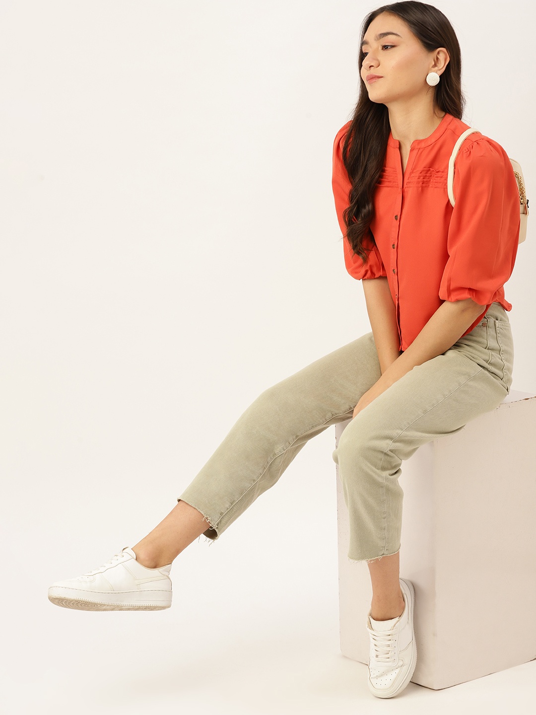 

DressBerry Orange Solid Mandarin Collar Shirt Style Top