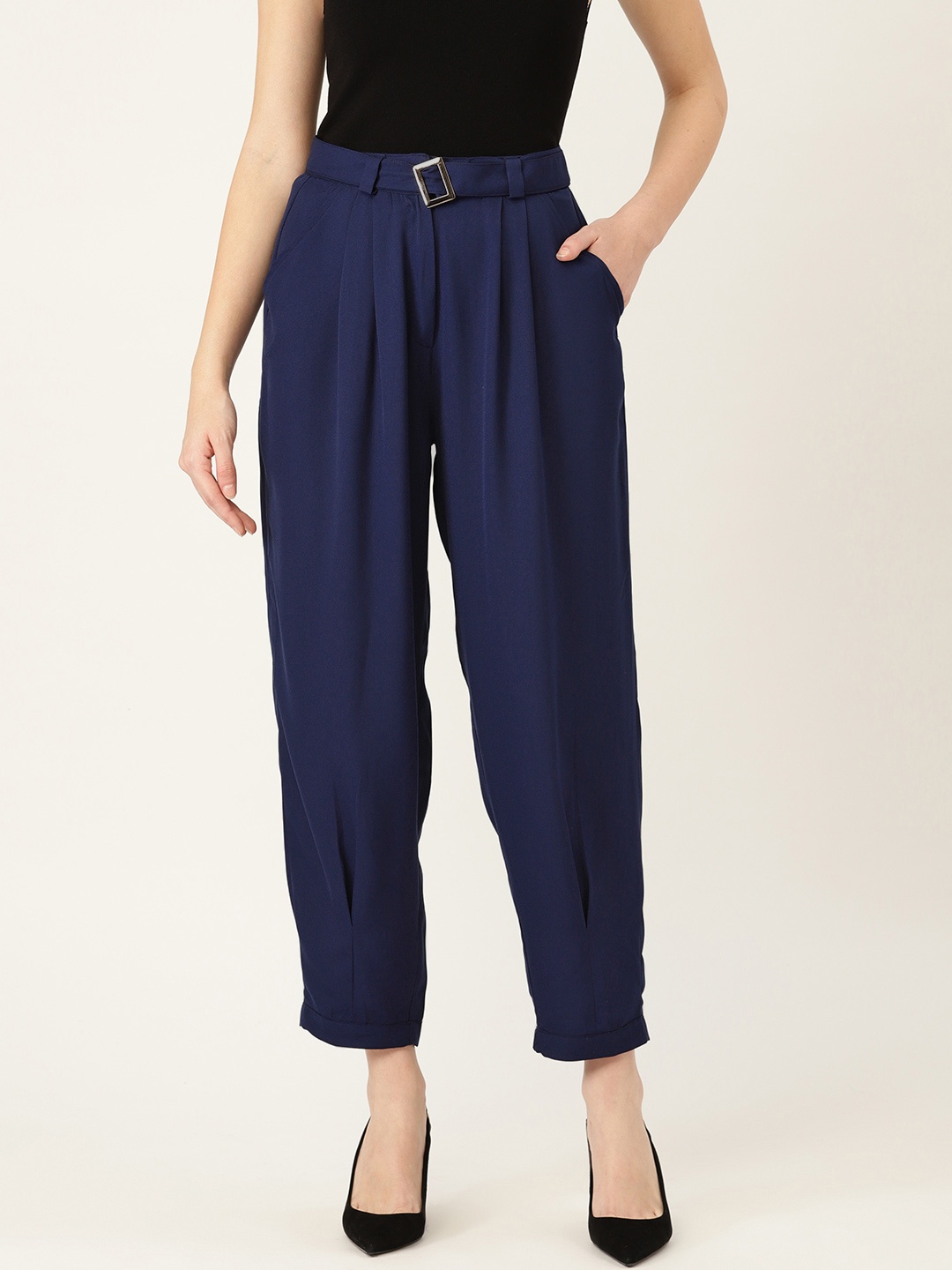 

DressBerry Women Navy Blue Solid Pleated Trousers