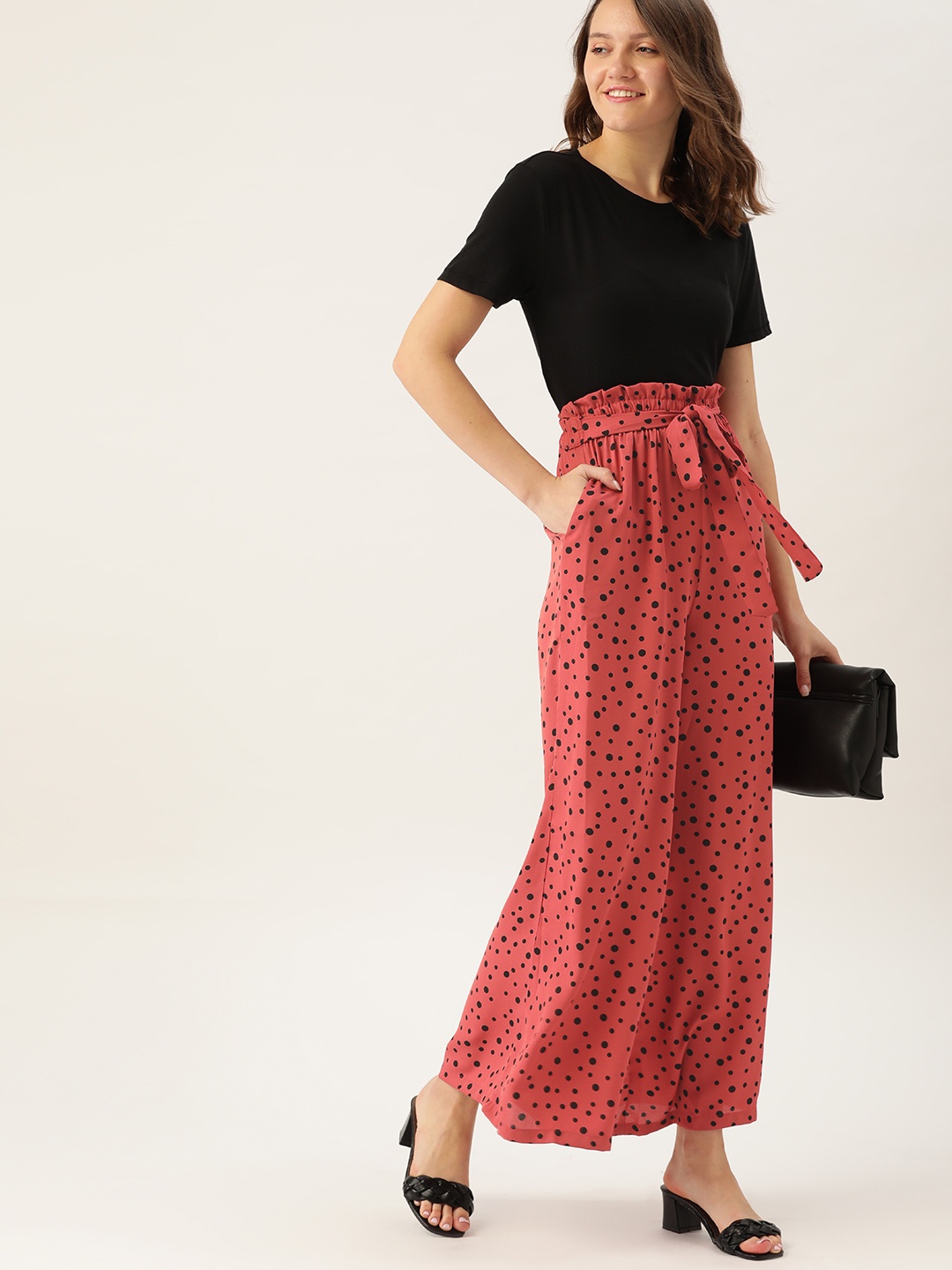 

DressBerry Women Pink & Black Polka Dots Print Parallel Trousers with Belt