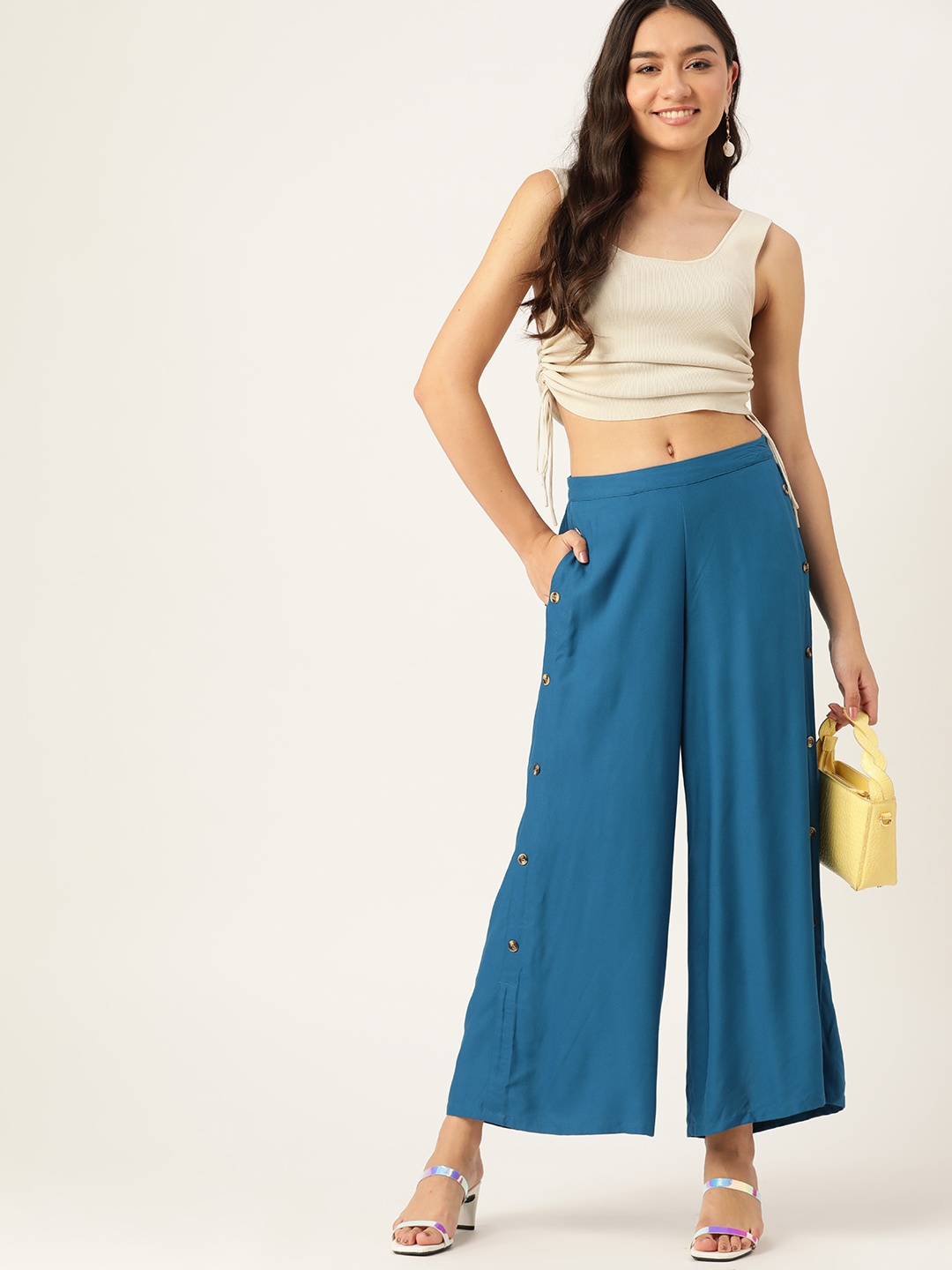 

DressBerry Women Teal Blue Solid Flared Parallel Trousers