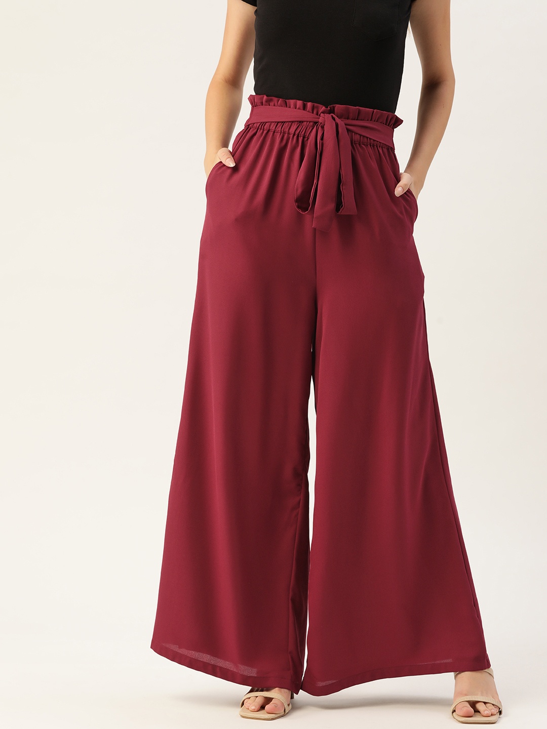 

DressBerry Women Maroon Flared High-Rise Pleated Belted Parallel Trousers