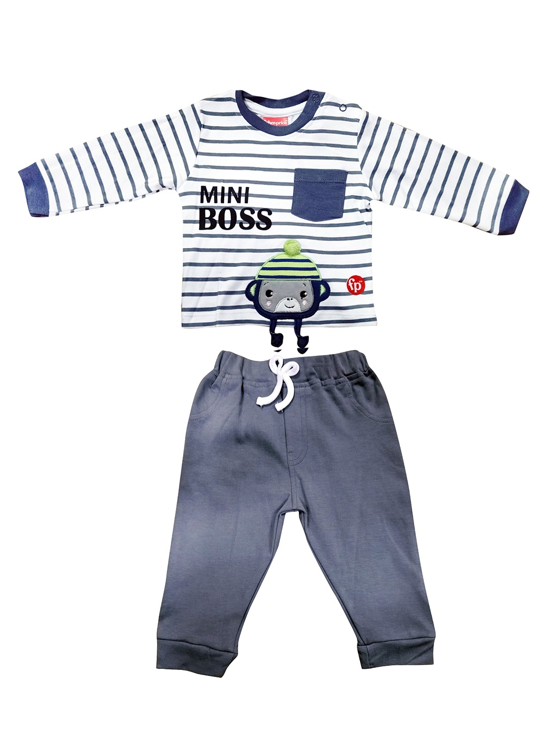

Fisher Price X Moms Love Infant Boys White & Charcoal Grey Striped Cotton Night suit