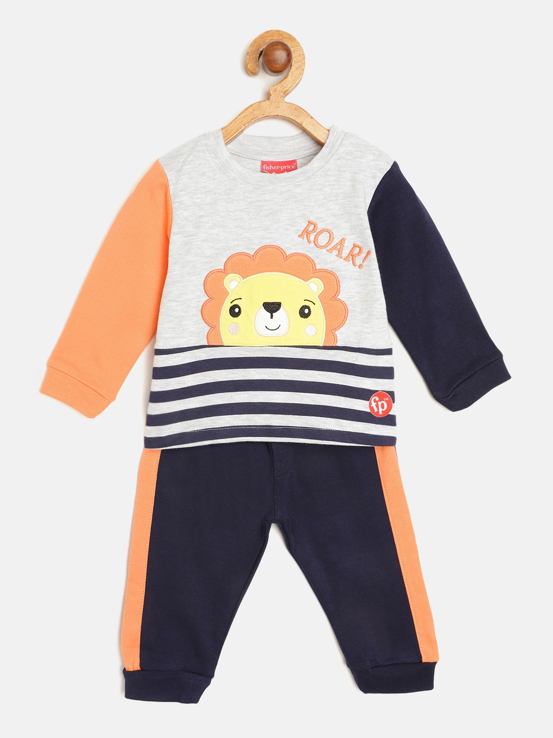 

Fisher Price X Moms Love Infant Boys grey Melange & Navy Striped Pure Cotton Pyjamas Set