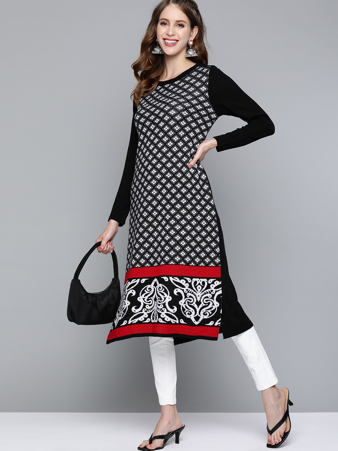 

HERE&NOW Women Black & White Ethnic Motifs Self-Design Straight Acrylic Winter Kurta