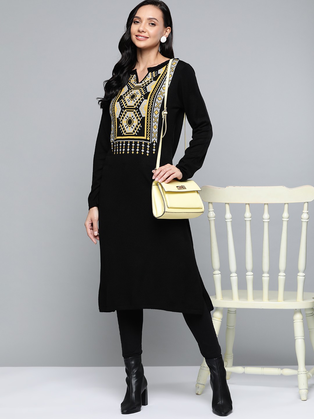 

HERE&NOW Women Black & Yellow Geometric Yoke Design Acrylic Winter Kurta
