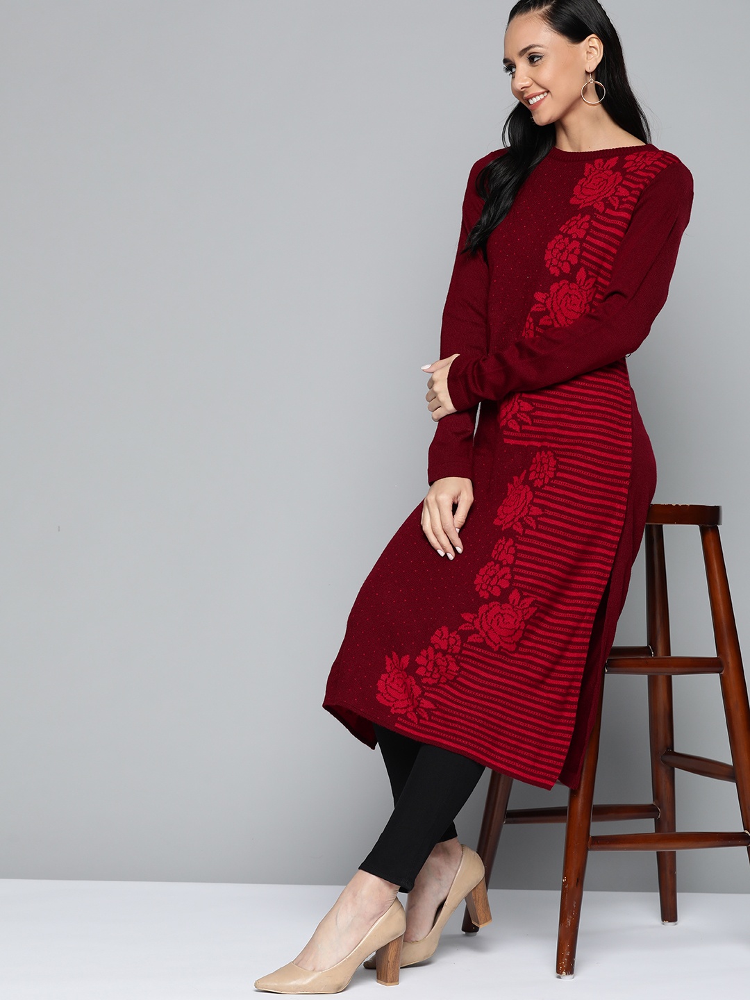 

HERE&NOW Women Maroon & Red Ethnic Motifs Acrylic Winter Kurta