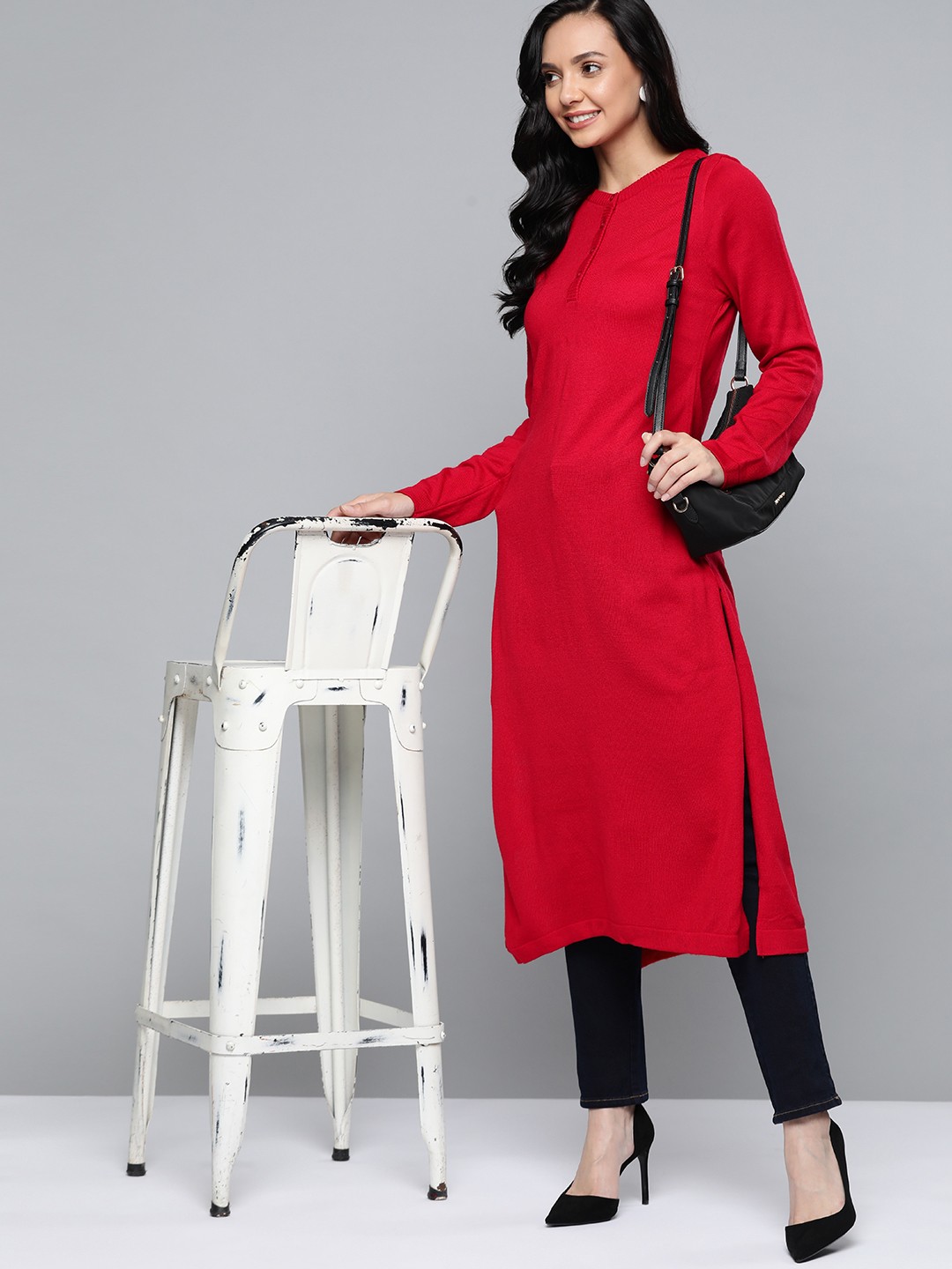 

HERE&NOW Women Red Acrylic Winter Kurta