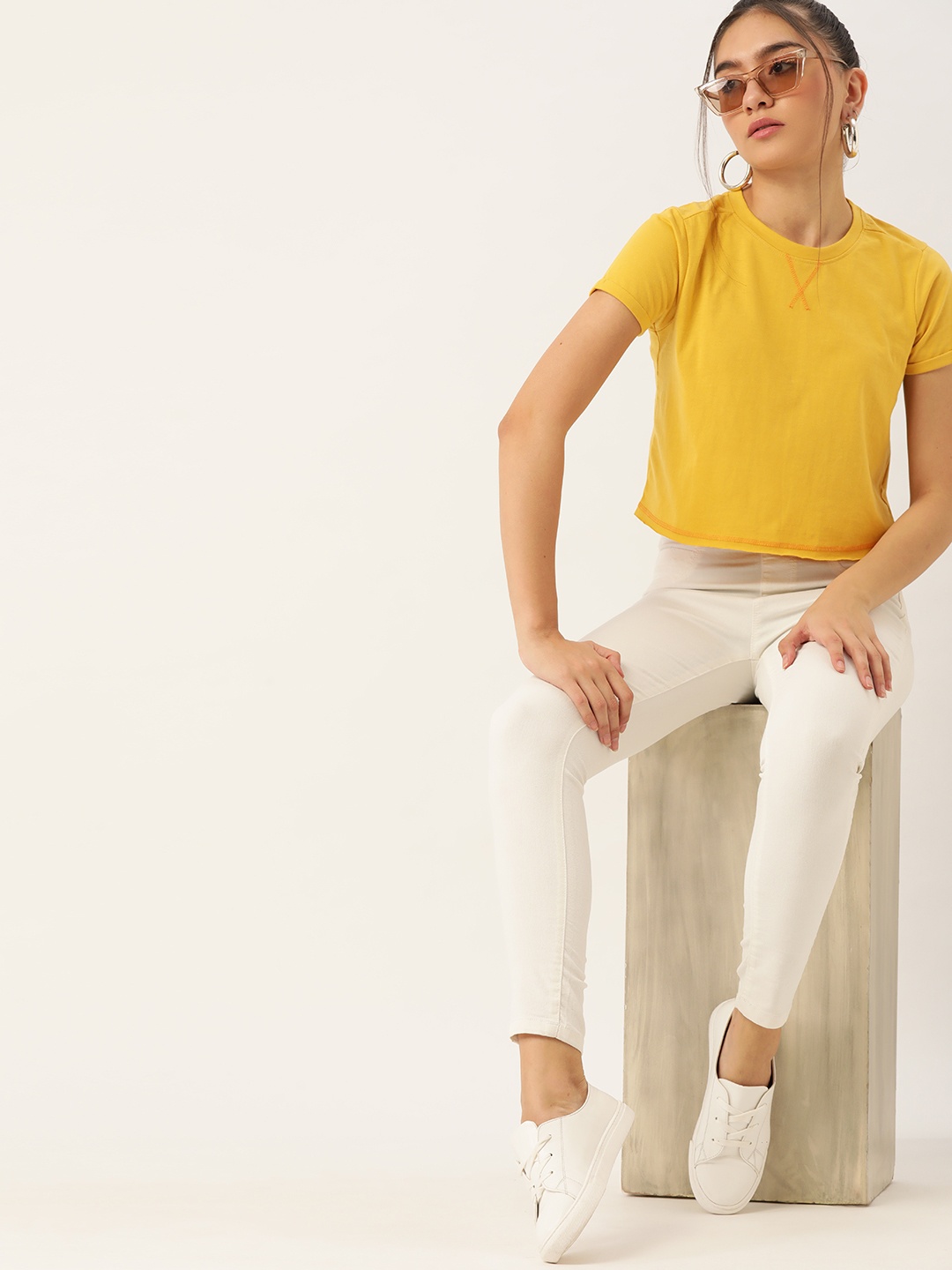 

DressBerry Women Yellow Solid Crop Sustainable & Recycled T-shirt