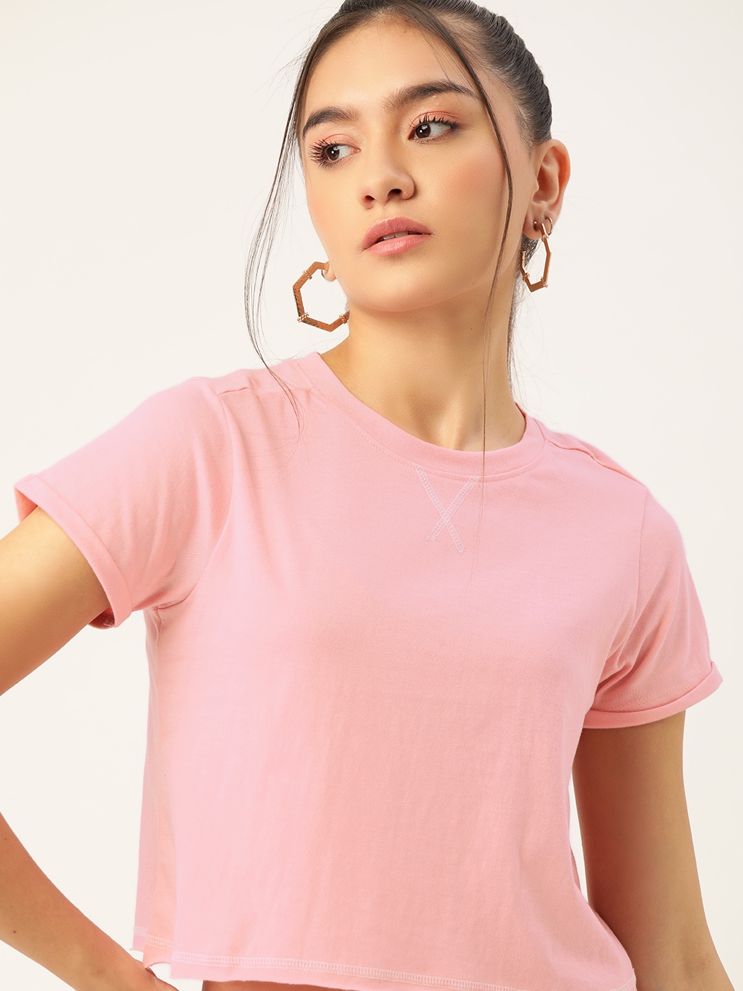 

DressBerry Women Pink Solid Crop Sustainable & Recycled T-shirt