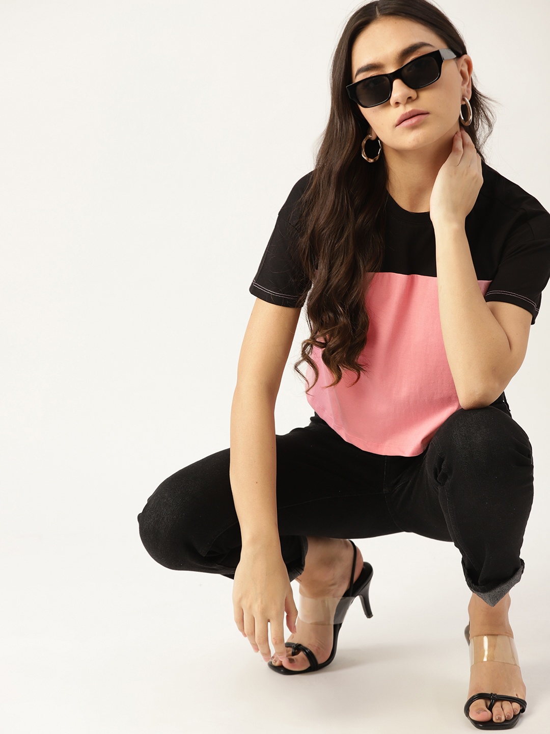 

DressBerry Women Pink & Black Colourblocked Drop-Shoulder Sleeves Sustainable & Recycled T-shirt