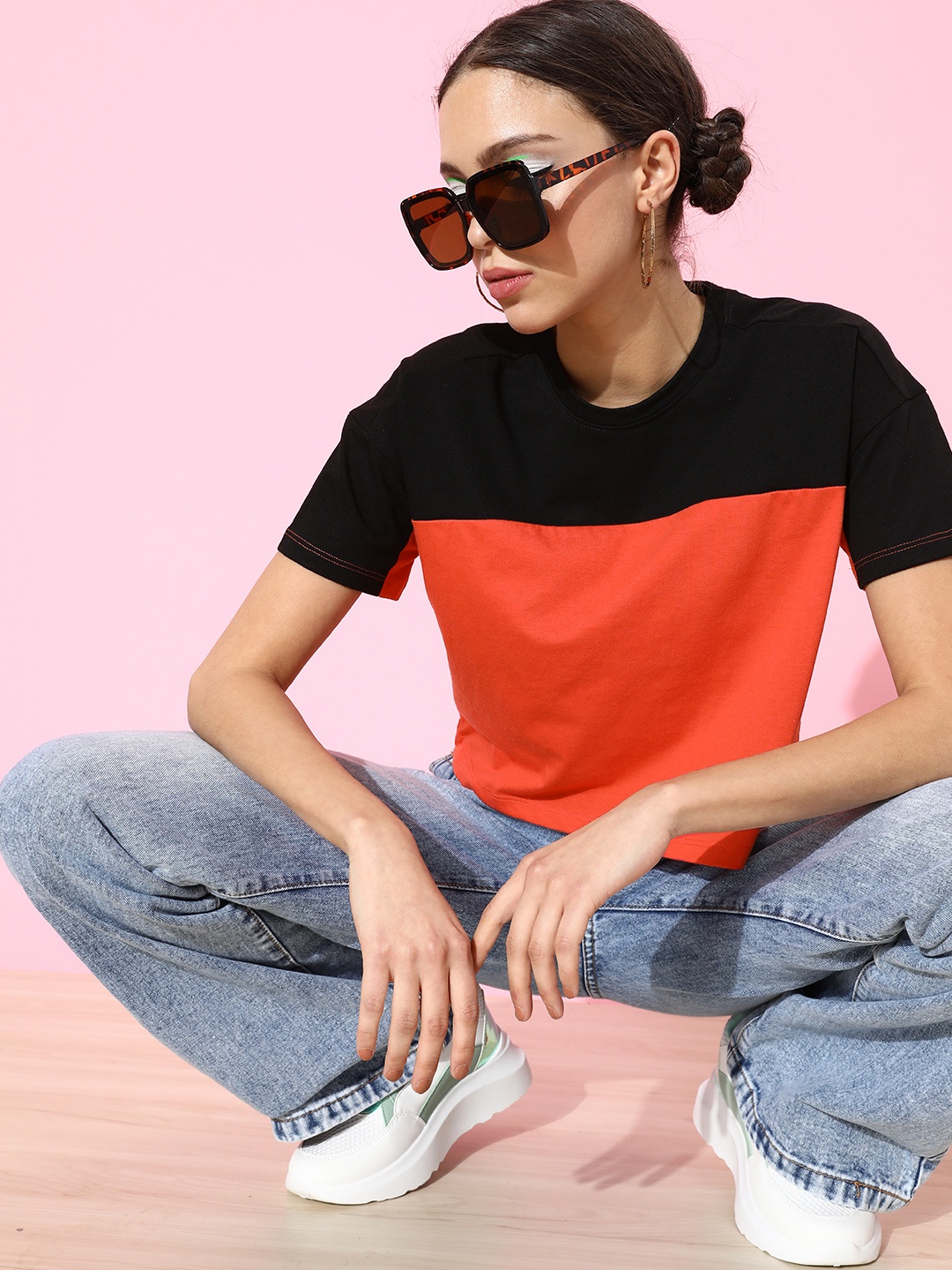 

DressBerry Women Orange & Black Colourblocked Crop Sustainable & Recycled T-shirt