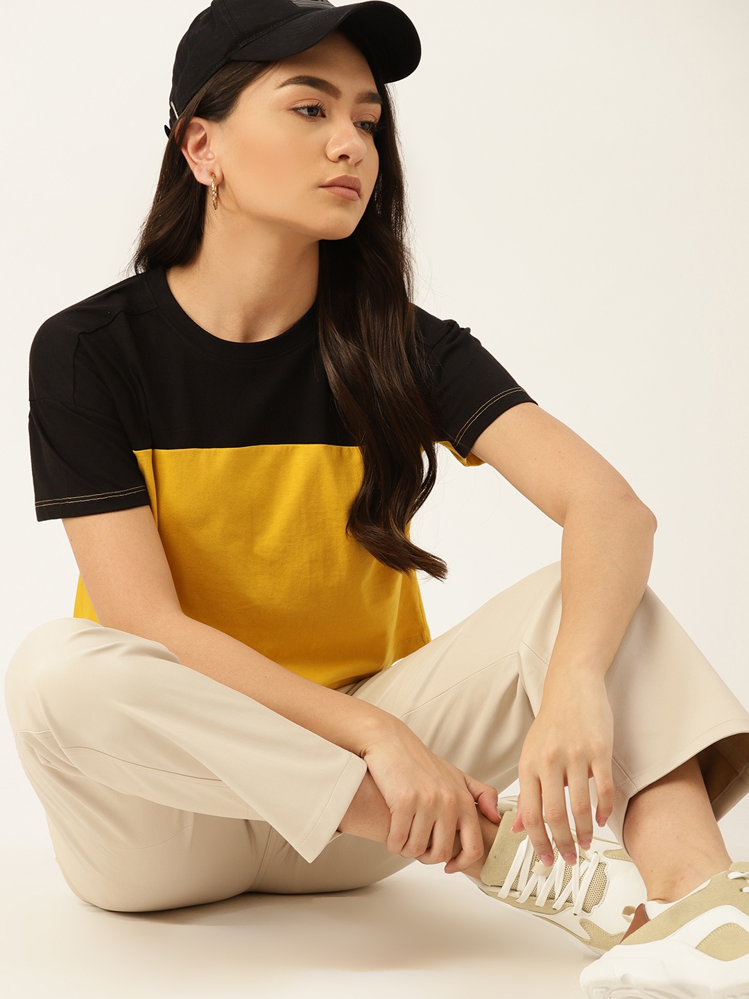 

DressBerry Women Mustard Yellow & Black Colourblocked Sustainable & Recycled T-shirt
