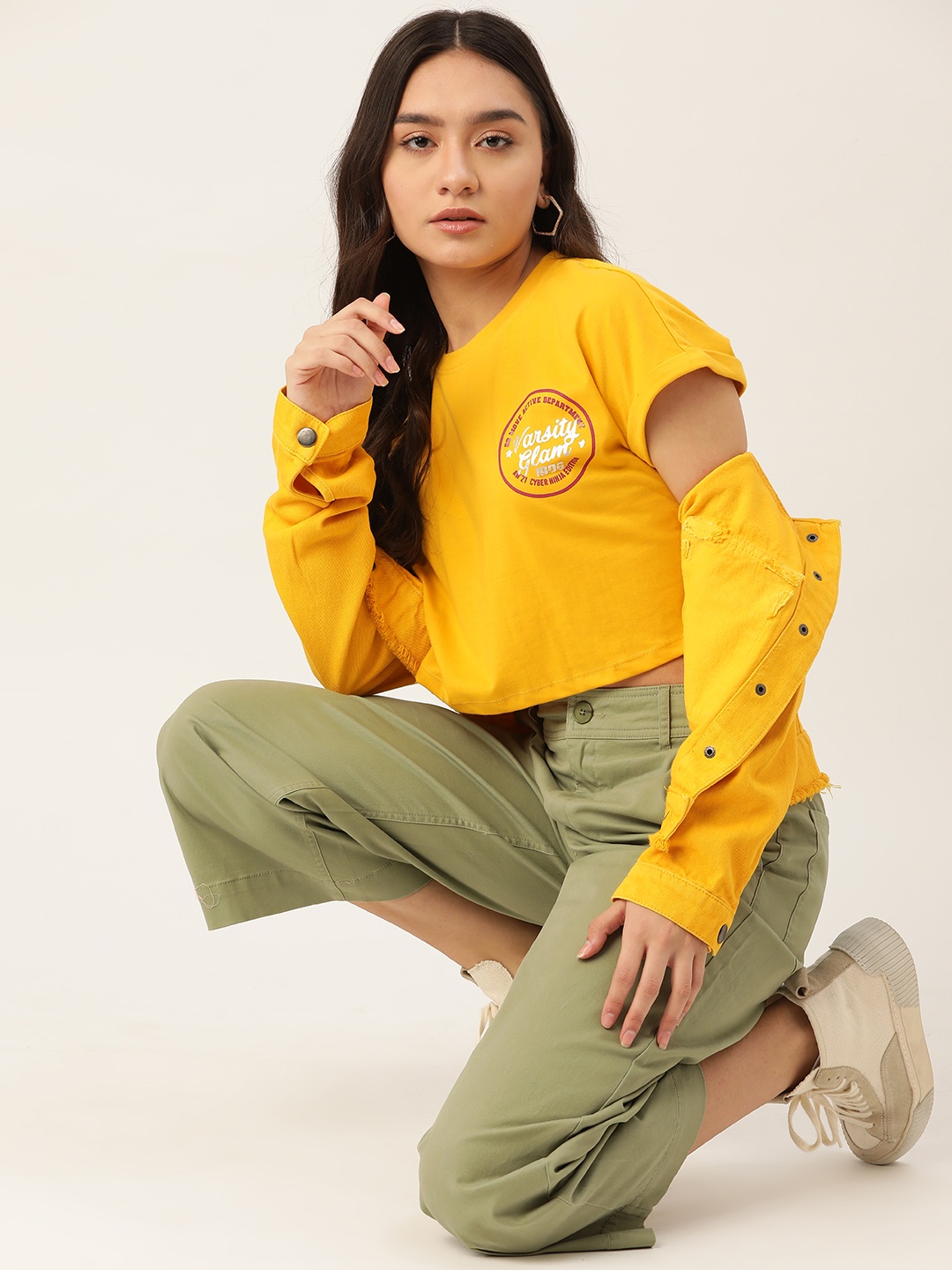 

DressBerry Women Mustard Yellow Brand Logo Printed Extended Sleeves Sustainable & Recycled T-shirt