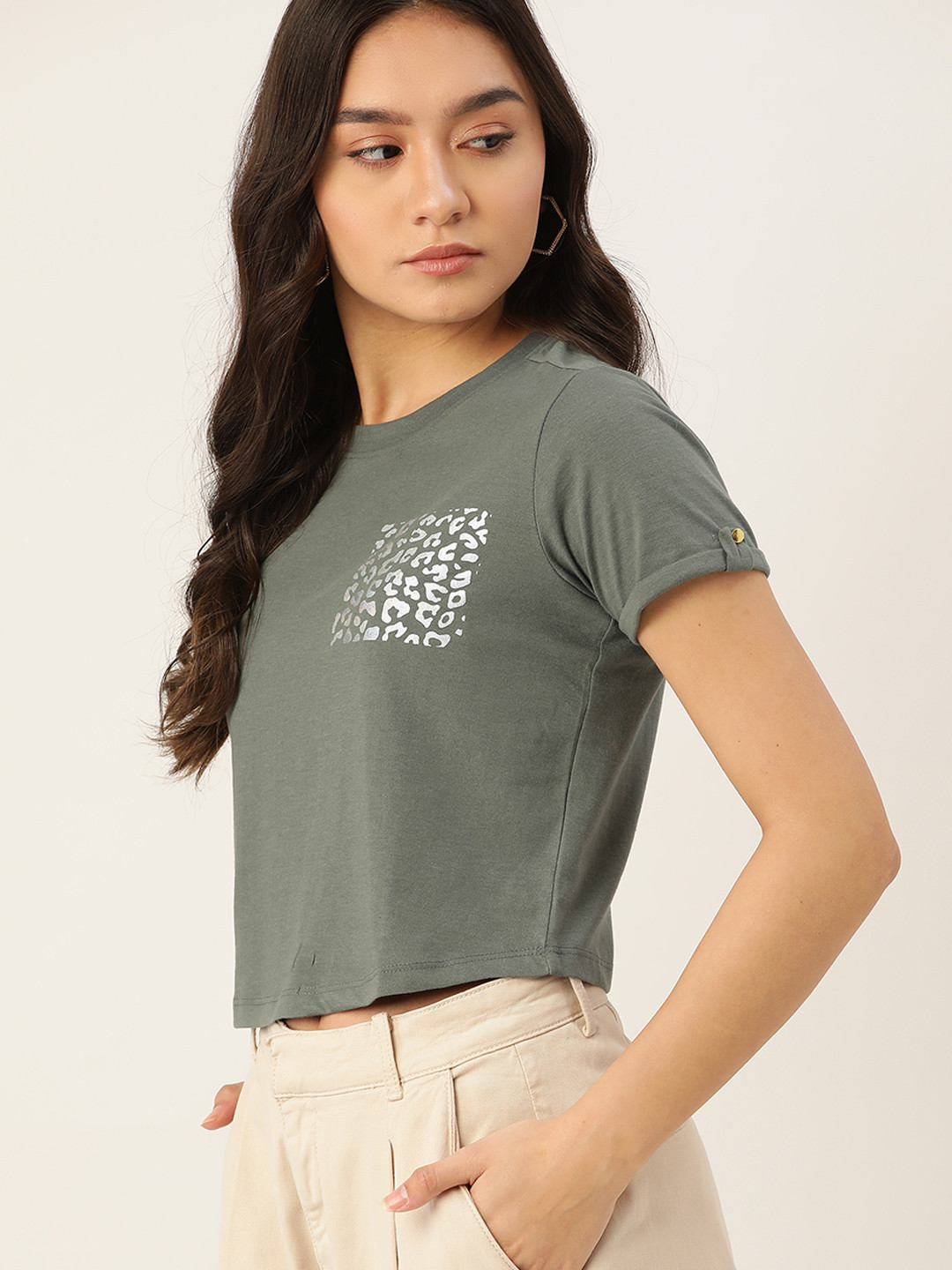 

DressBerry Women Olive Green Abstract Printed Roll-Up Sleeves Sustainable & Recycled T-shirt