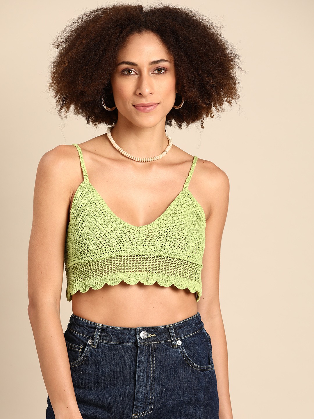 

COVER STORY Green Pure Cotton Crochet Semi-Sheer Cropped Top